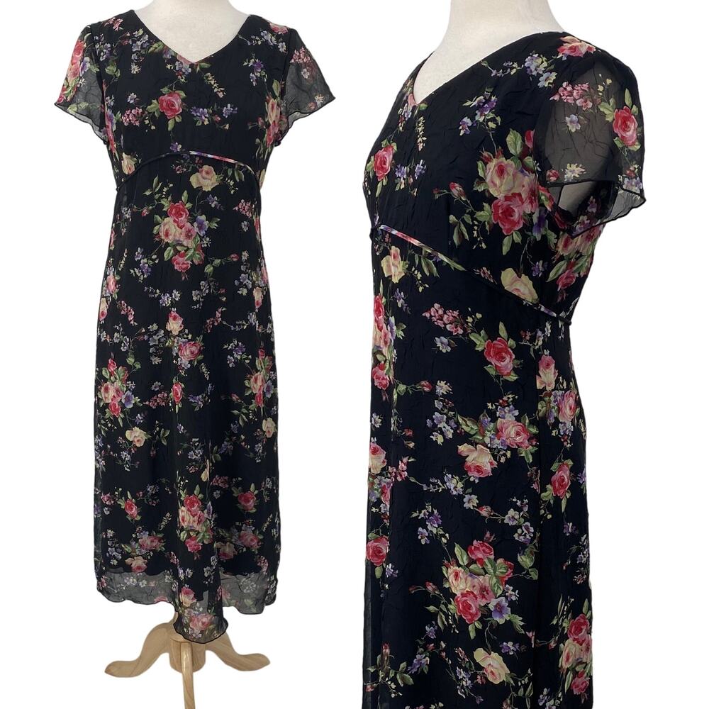 Vintage 90s Floral Print Midi Dress Crepe Empire Tie Waist V Neck Black Pink M